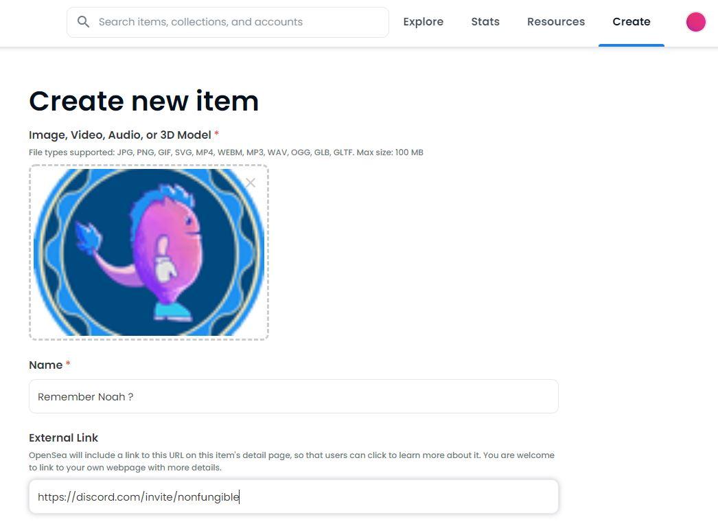 Create an item on OpenSea
